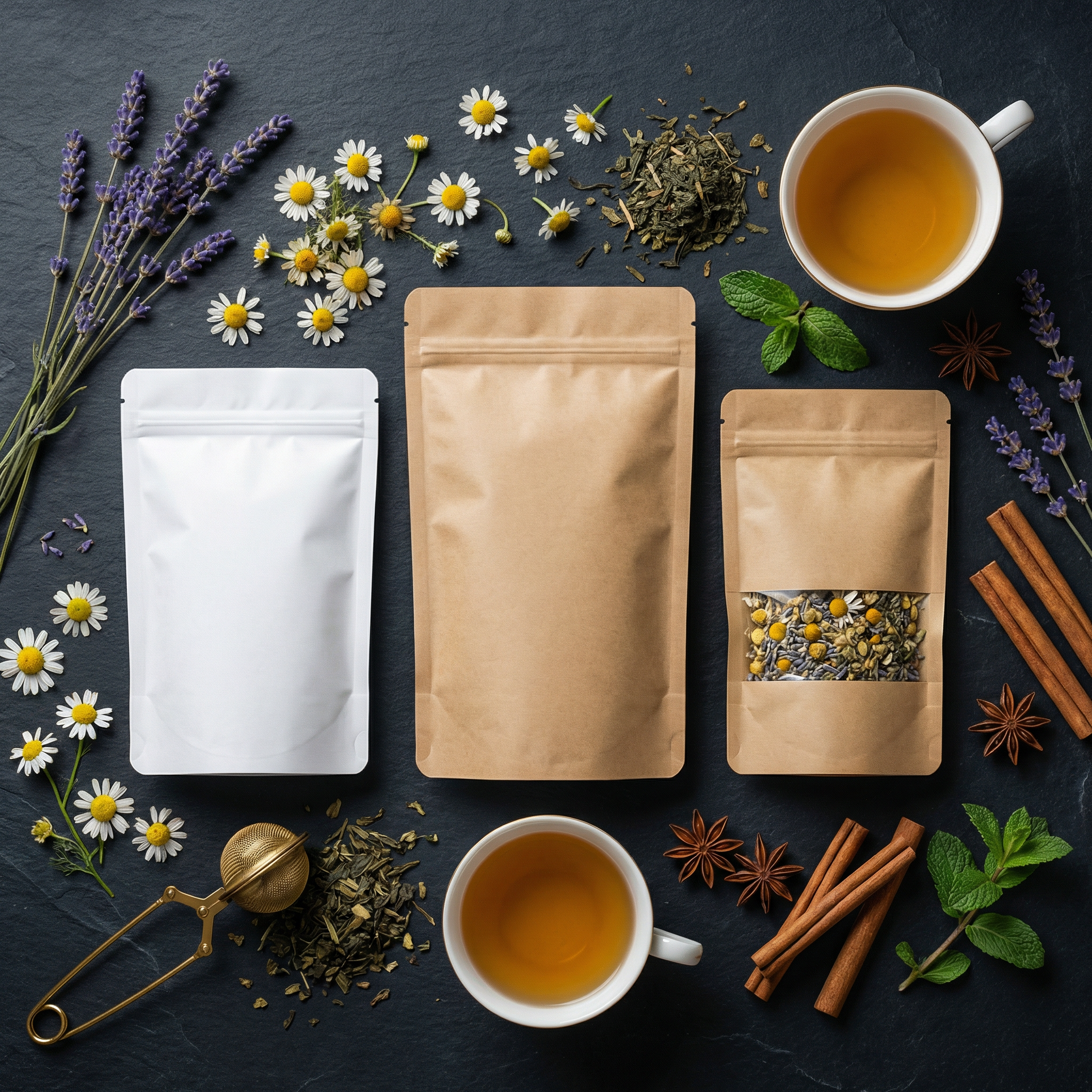 Standbodenbeutel für Tee und Kräuter – Flat-Lay Produktfoto Standbodenbeutel Flat-Lay mit Kräutertee, Kamille und Lavendel auf dunklem Schiefer