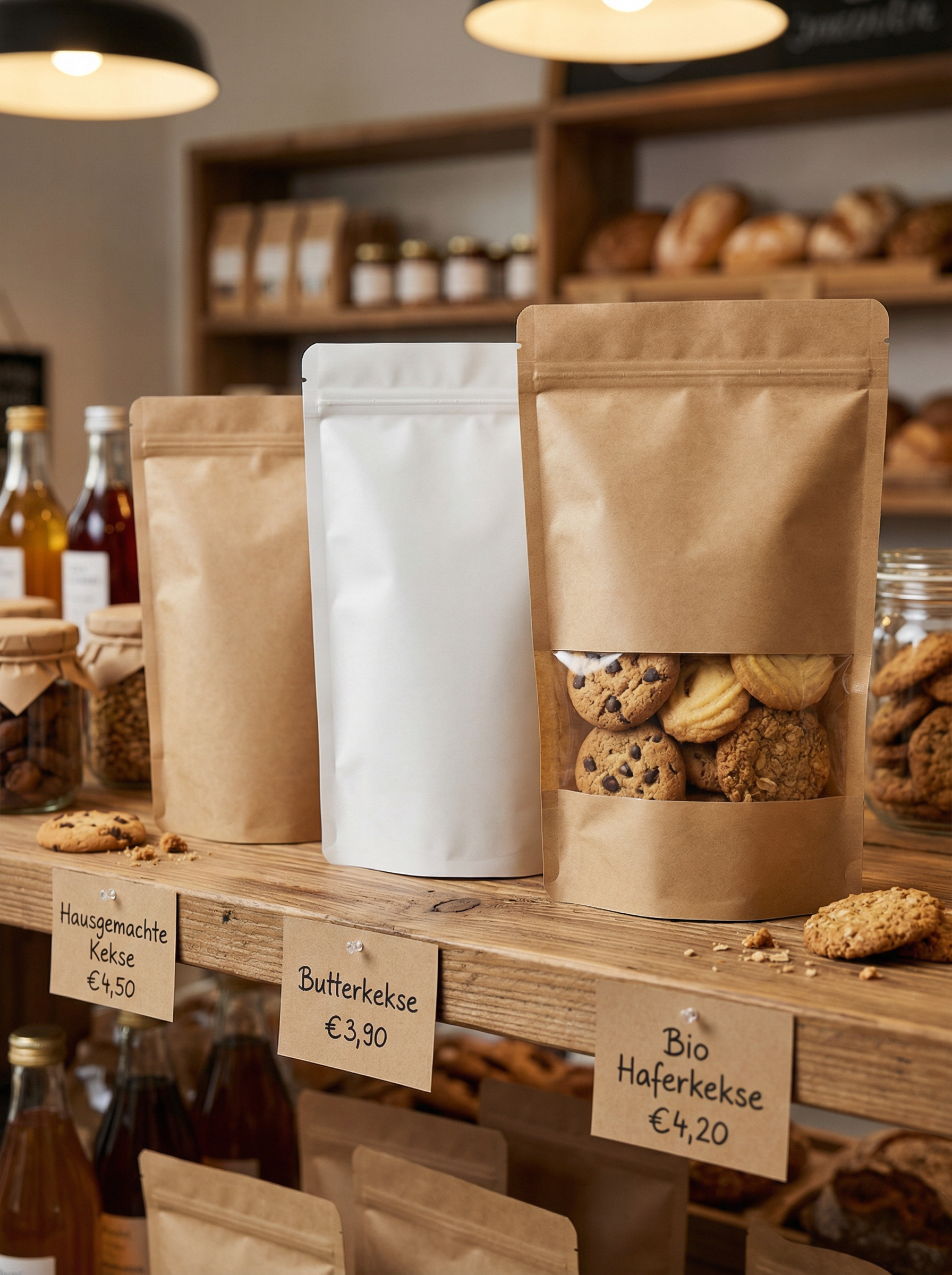 Standbodenbeutel im Einsatz: Verkaufsregal in einer Bäckerei Standbodenbeutel im Verkaufsregal – Kraftpapier und weiße Ausführung mit Keksen in einer Bäckerei